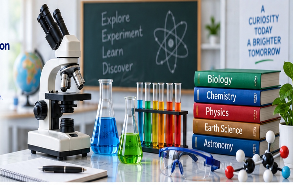 Microscope, colorful glassware, science books and molecular models on a laboratory table